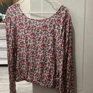 V back floral blouse: pink, red, blue
